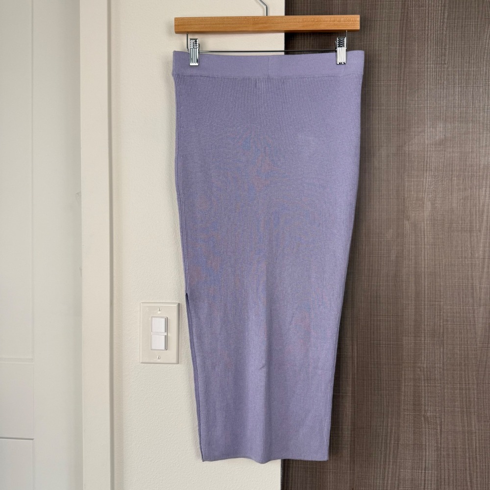NAADAM Lavender Purple Ribbed Midi Skirt Side Slit Silk Cashmere Size Medium - Picture 5 of 8